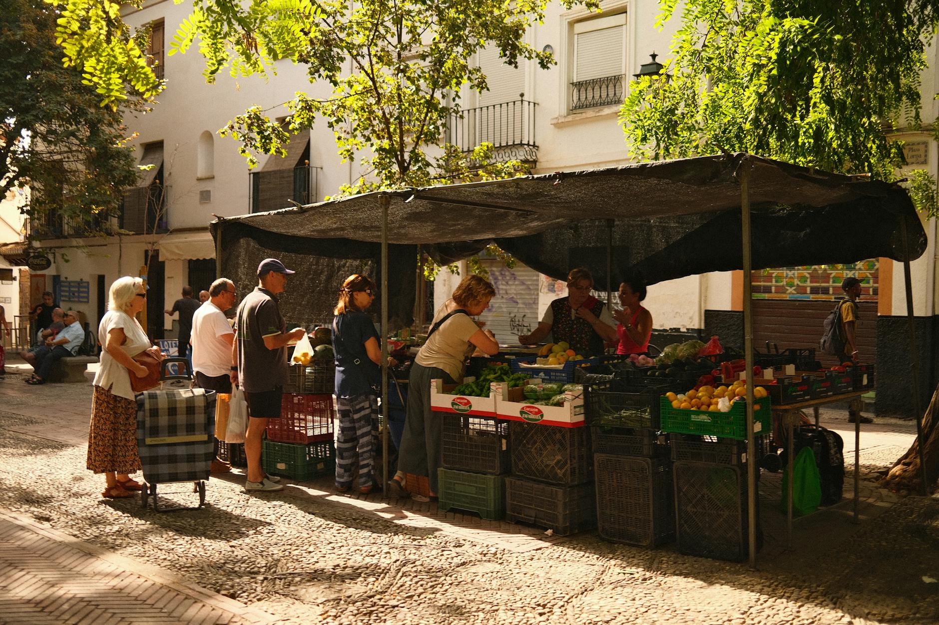 A bustling street market with people buying fresh produce in a sunny urban setting.
