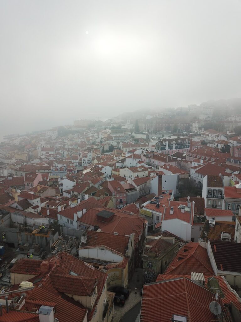 A foggy day in a city with red roofs