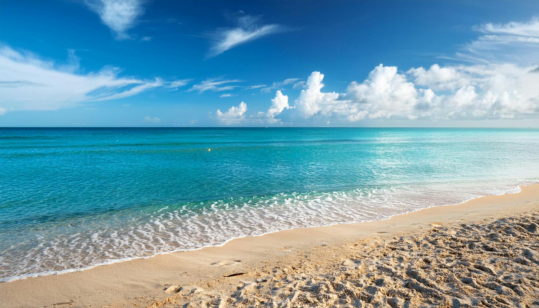 Serene tropical beach with turquoise ocean and clear blue sky, ideal for relaxation and travel.