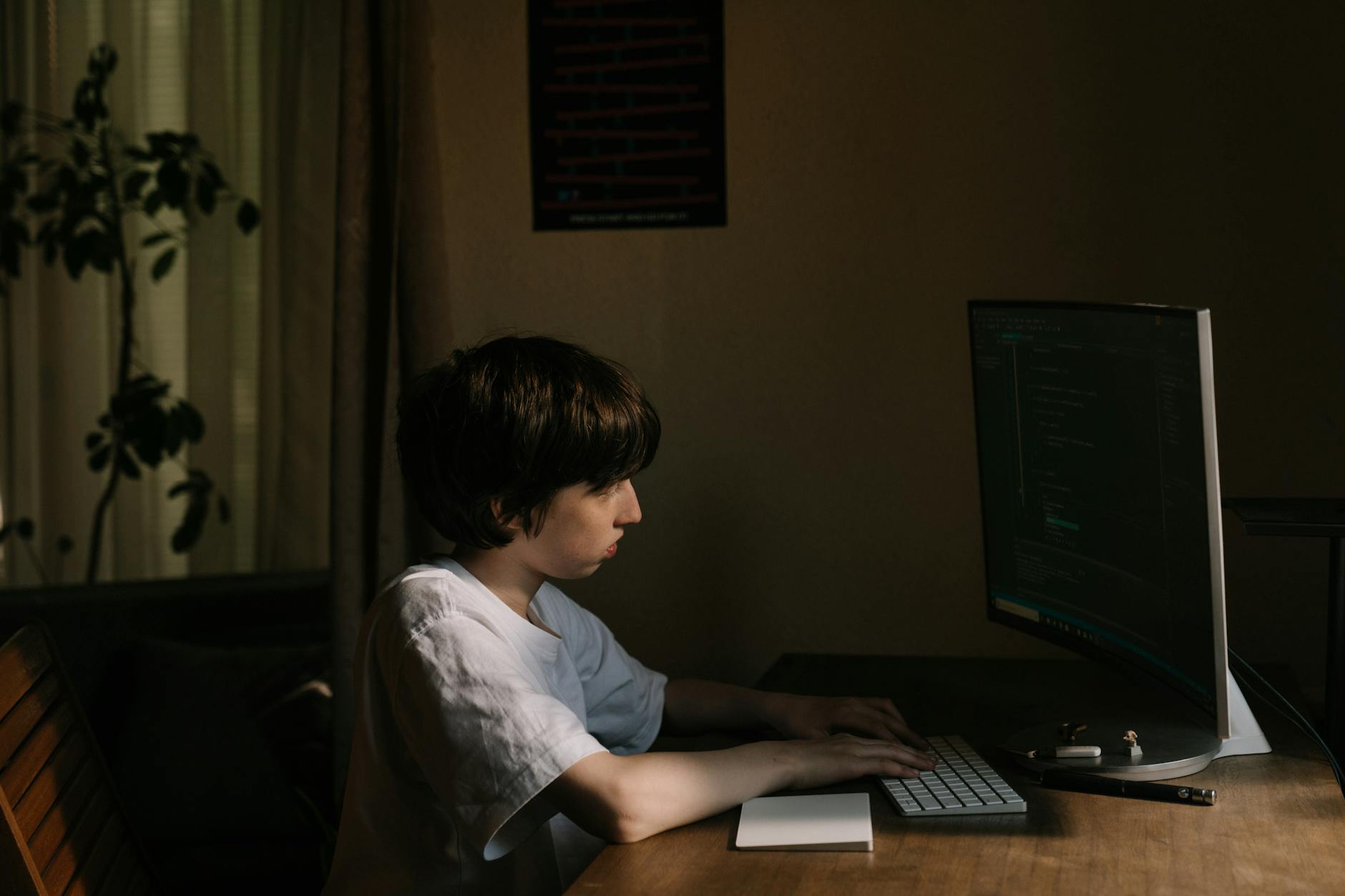 Teenage boy focused on coding at home, using a desktop computer. Perfect for technology themes.