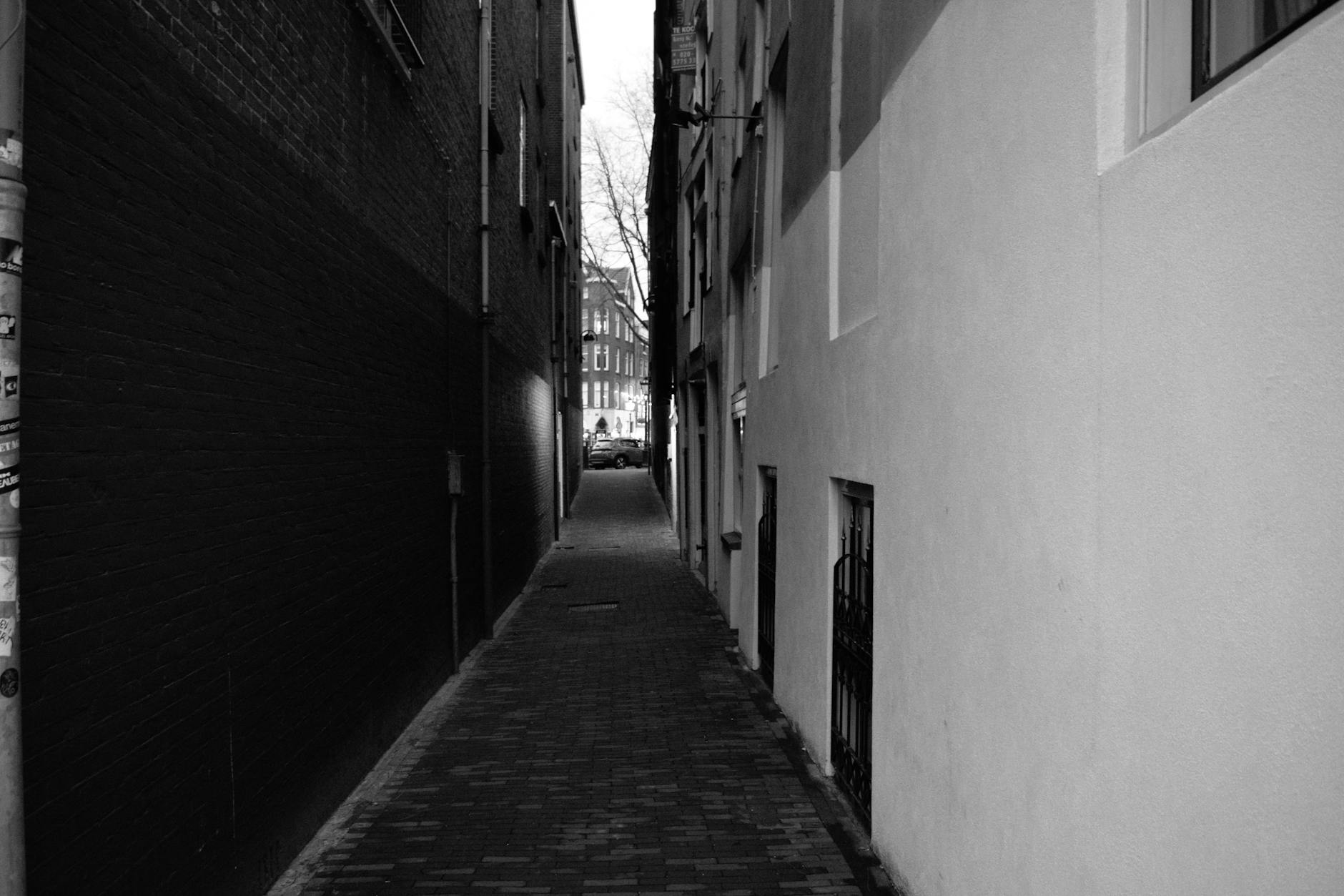 Black and white photo of a narrow alleyway in Amsterdam showcasing traditional architecture.