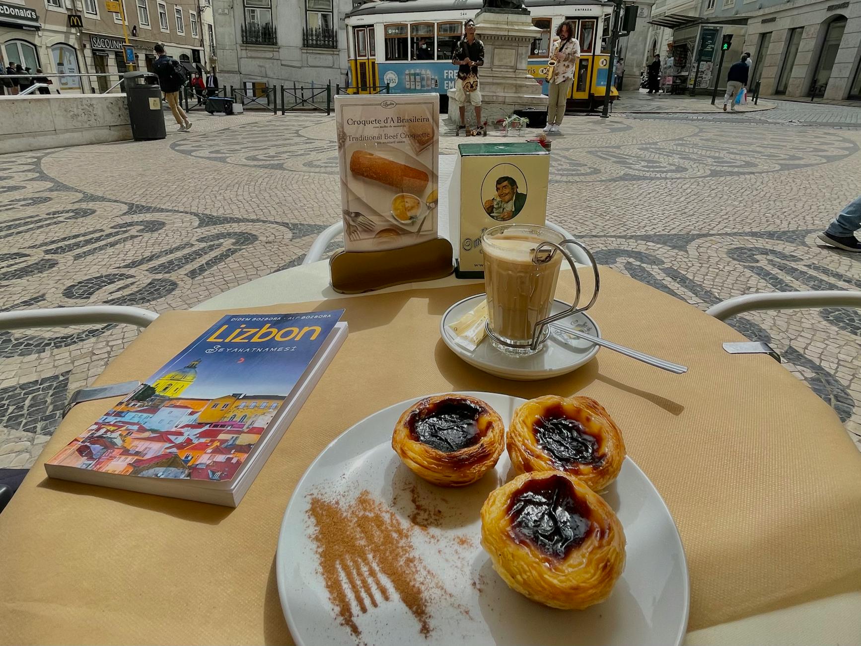 Exposições grátis em Lisboa: o que visitar quando tens só 1 hora 6 Savoring Pastéis de Nata with coffee in a Lisbon café, with iconic tram in the backdrop.
