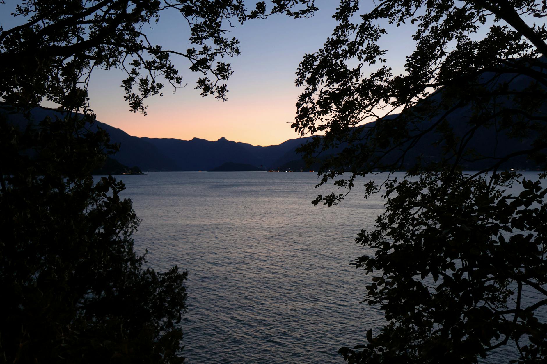 Serene twilight view of Lake Como framed by foliage in Varenna, Italy.