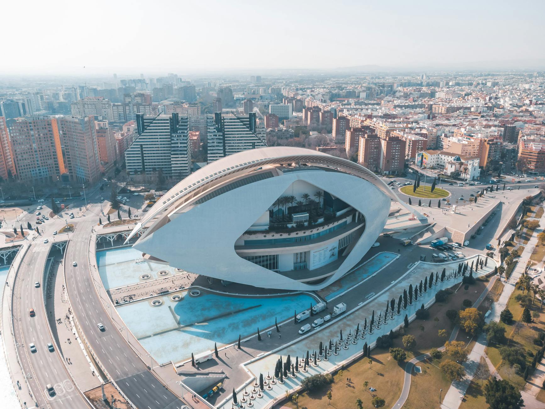 Stunning aerial shot of Palau de les Arts Reina Sofia in Valencia, Spain showcasing modern architecture.