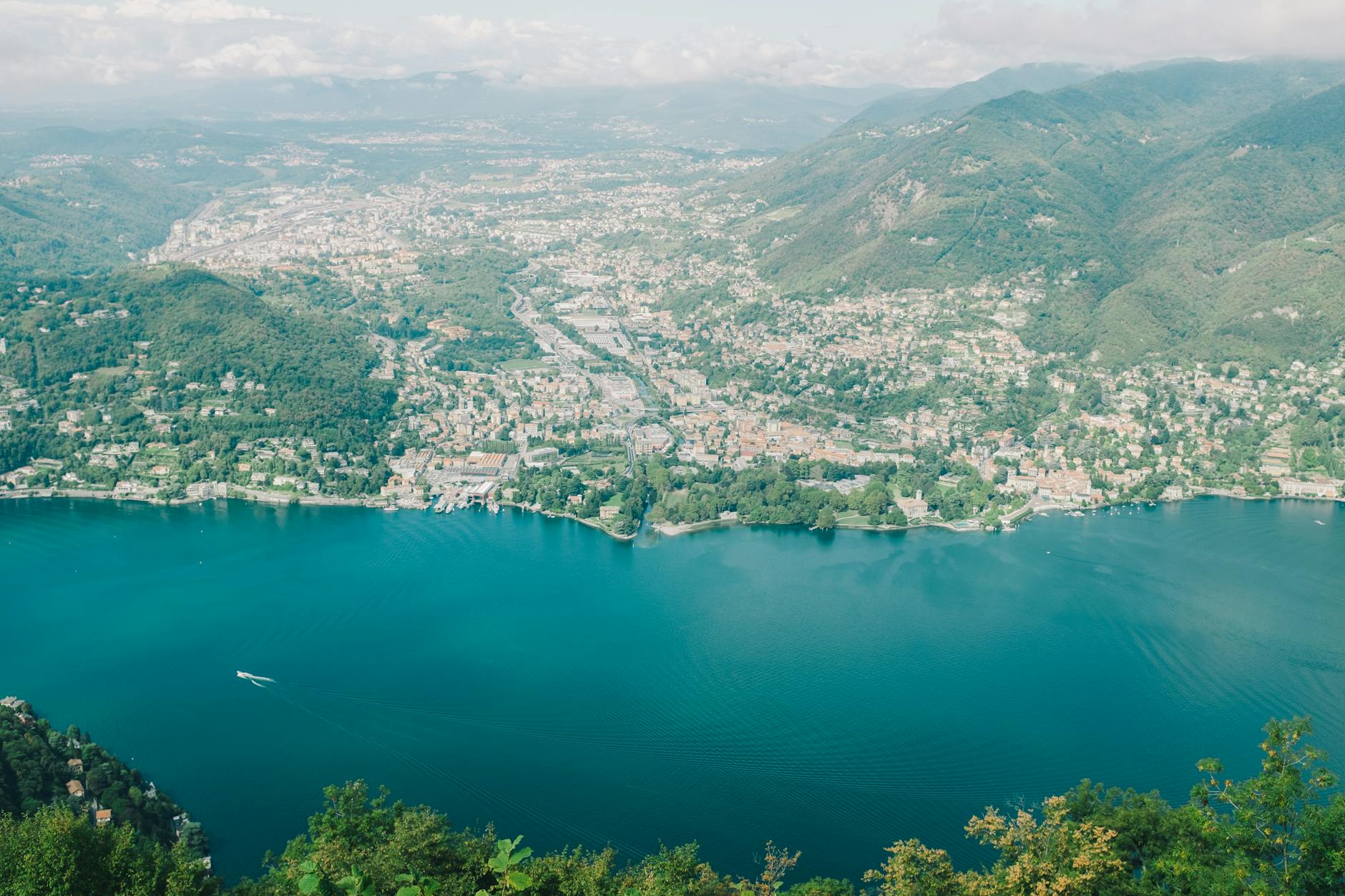 Stunning aerial view of Lake Como and surrounding mountains in Lombardy, Italy.