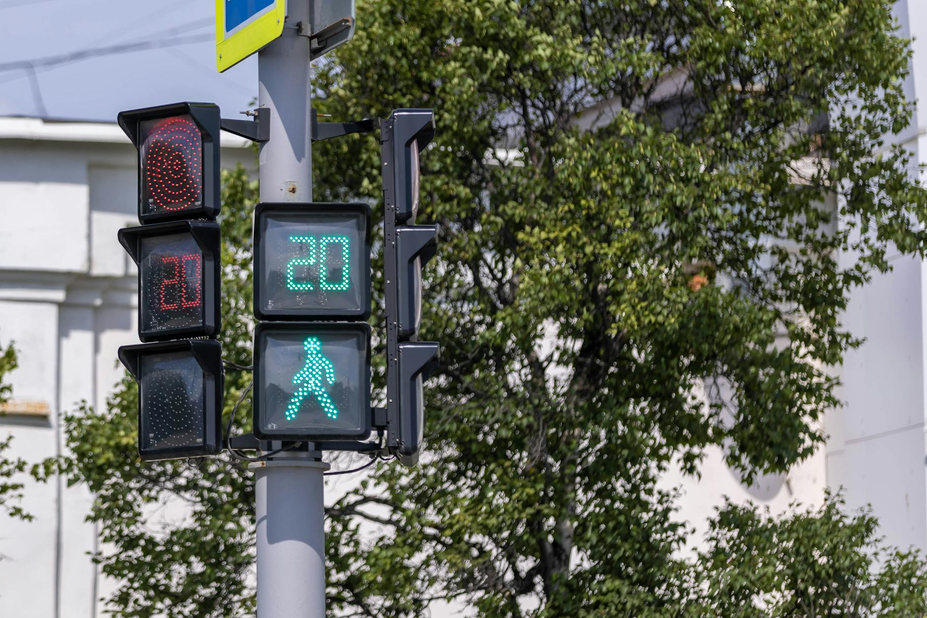 Traffic light with pedestrian countdown timer in a city setting.