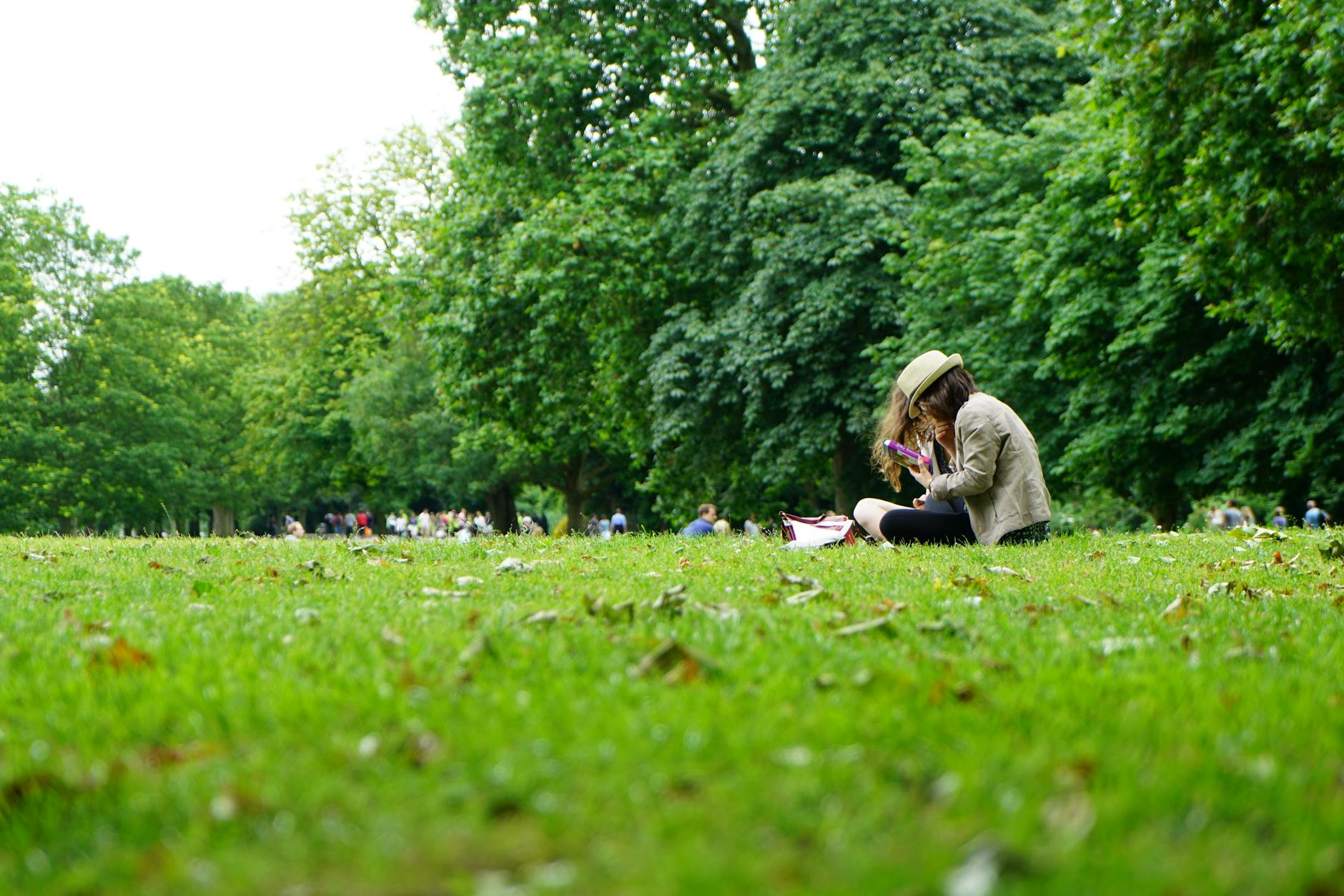 Planos Para Aniversário Em Lisboa: Onde Celebrar Sem Ser Caro 6 Woman reading in a verdant London park, a perfect serene outdoor scene.