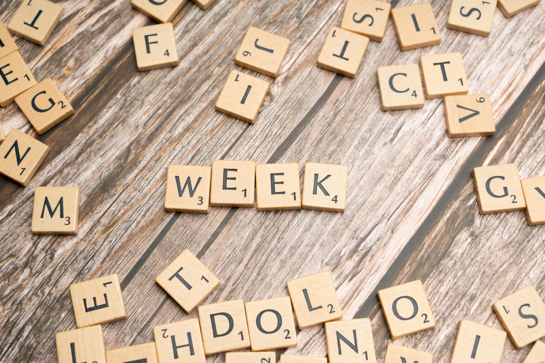 Wooden letter tiles arranged to spell 'week' on a wooden background.